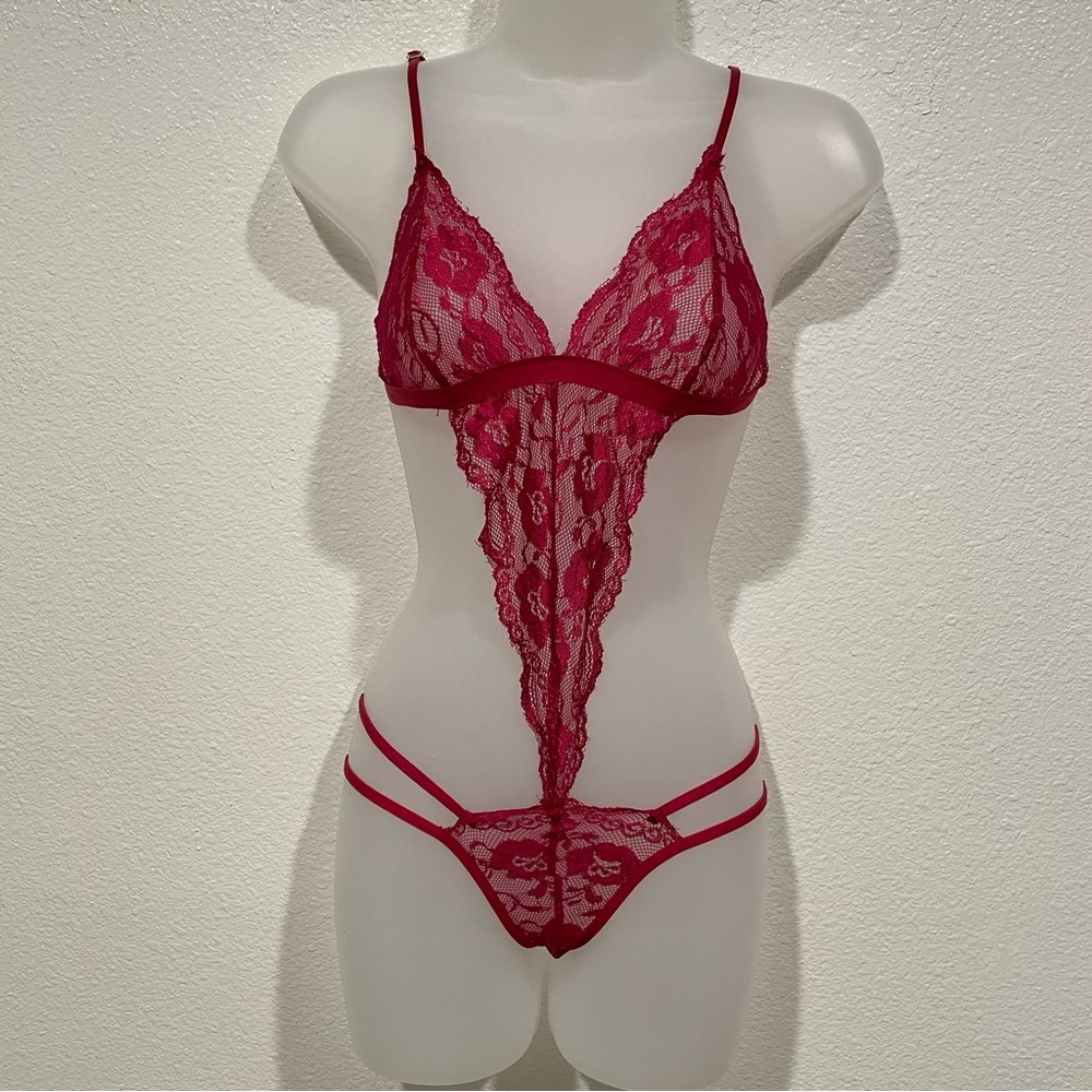 shein red lace mesh lace lingerie sexy bodysuit